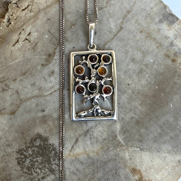 Sterling Silver 925 Multicolored Baltic Amber Tree Of Life Pendant Necklace 18" - Picture 3 of 16